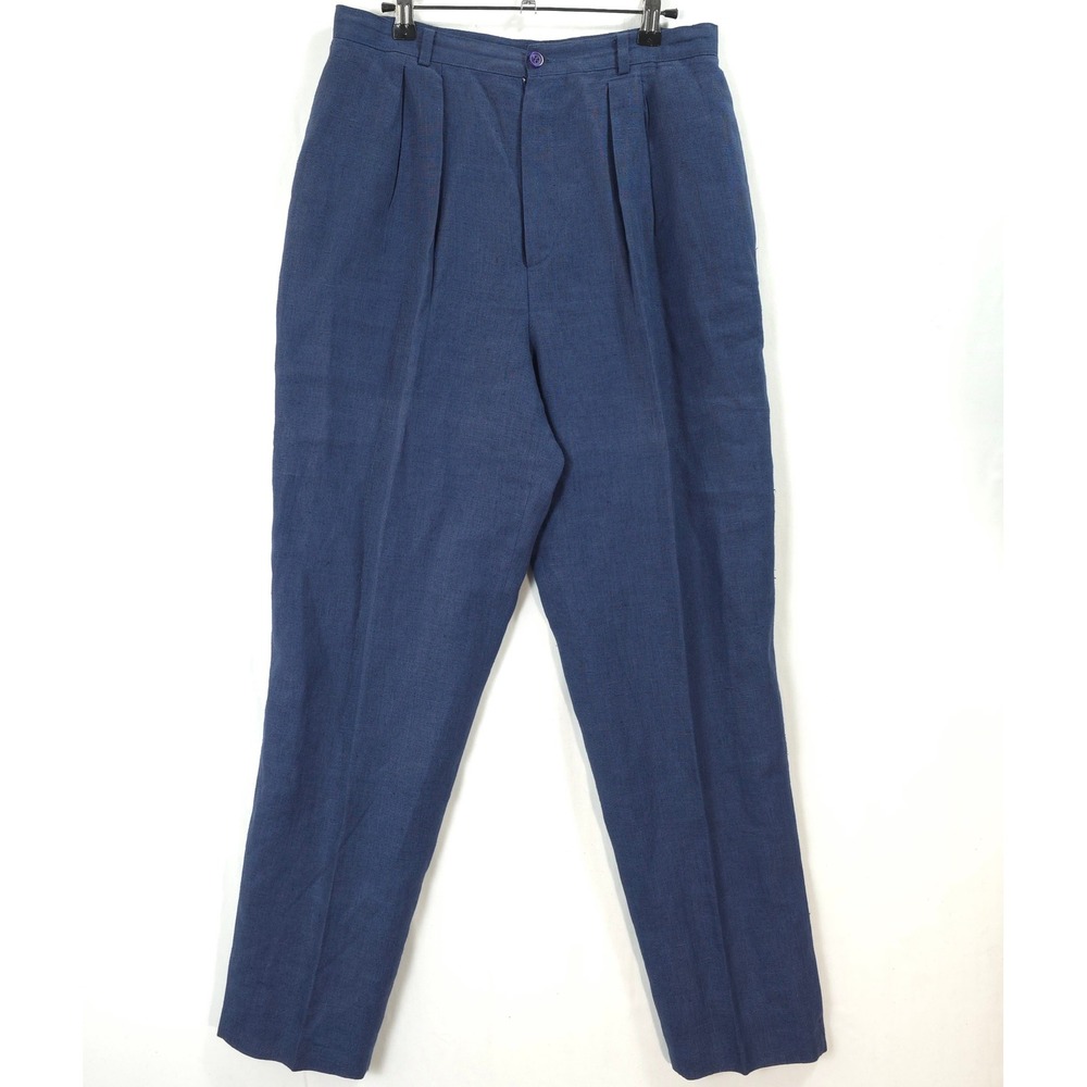 Blue Linen Trousers Women 12 Dark Academia Pleated High Waist Coastal Minimalist